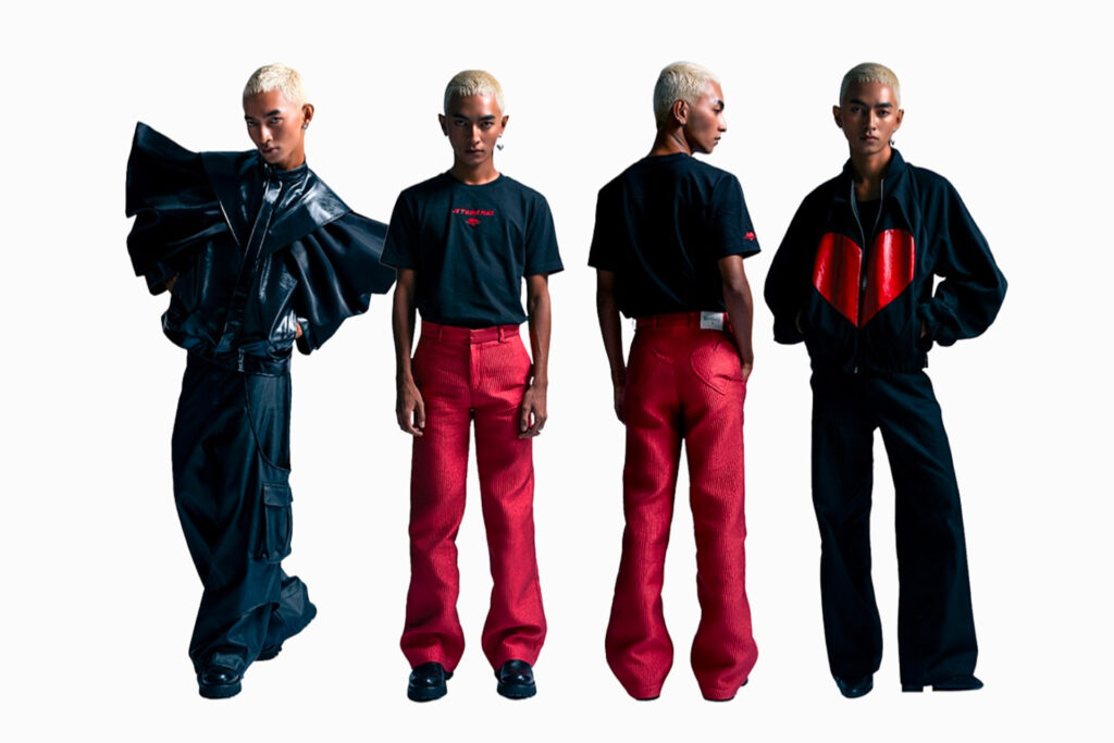 un mannequin masculin porte 4 tenues noires et rouges