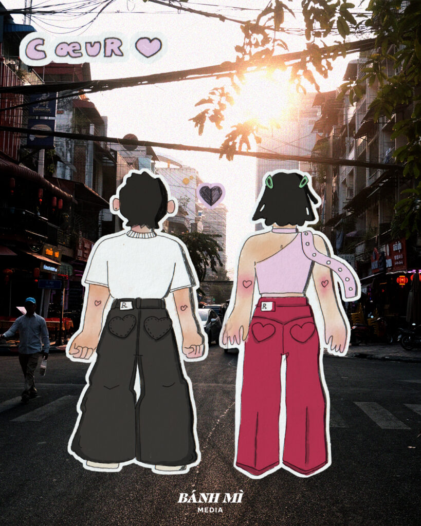 en fond : photo d'une rue de phnom penh avant que le soleil se couche en avant : illustration de deux personnages de dos portant chacun un pantalon avec des poches en forme de coeur
